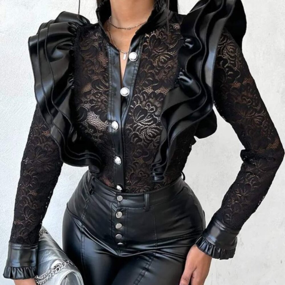 Buttoned Ruffles Pu Leather Lace Patchwork Top